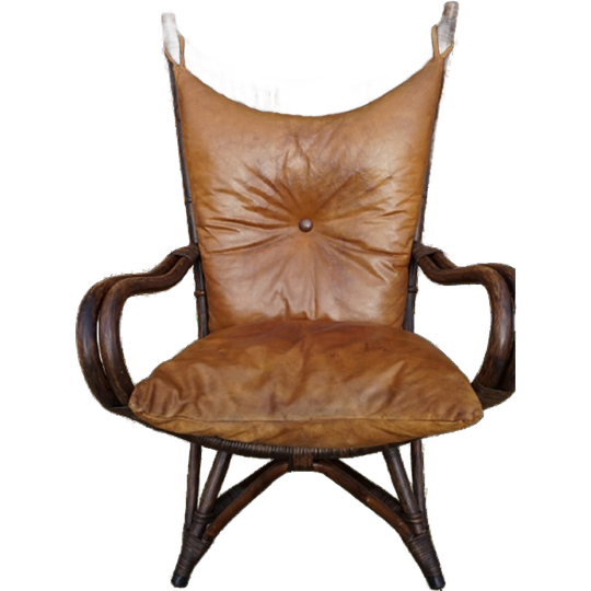 Vintage Rotan/bamboe Lounge Chair Met Leren Kussens, Jaren 60, Togeschreven Aan Rohé Noordwolde 1