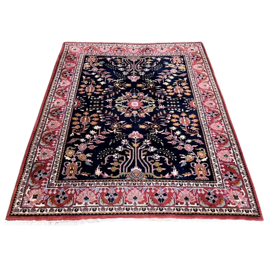 Handgeknoopt Floral Vloerkleed Vierkant 160X205Cm Wol Katoen Donkerblauw Perzisch Tapijt 1