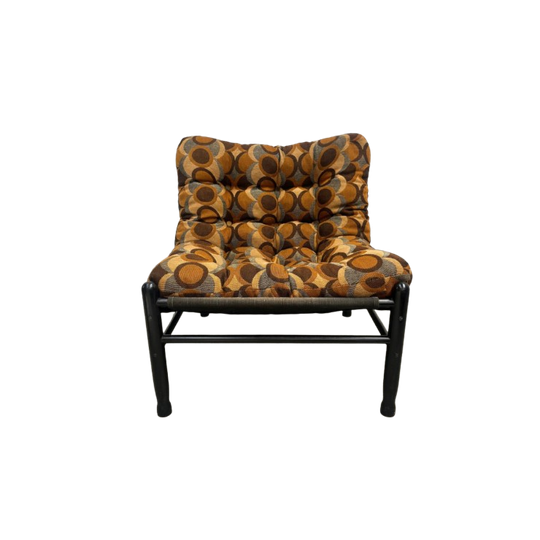 Vintage Loungestoel - Houten Frame En Seventies Print Kussen 1
