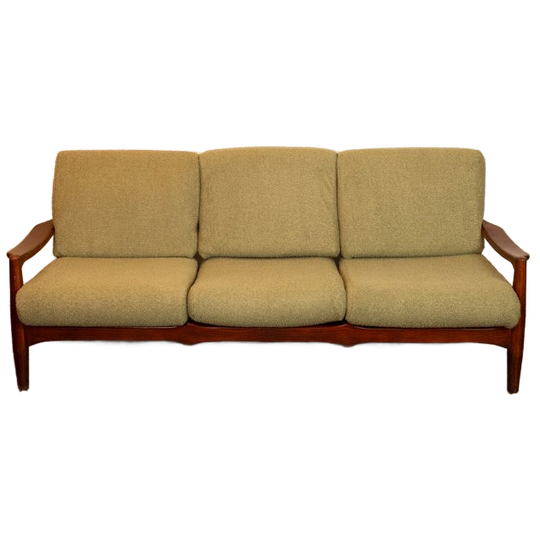 Vintage Deense Teakhouten 3-zitsbank Met Nieuwe Mosgroene Bouclé Bekleding 1