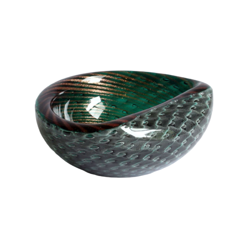 Murano Glass Green Bullicante And Filigrana Bowl.