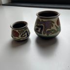Gouda Plateel Vaasjes 2x Vintage Retro Creme Bruin Blauw thumbnail 1