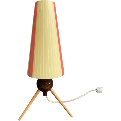 Table Lamp In Yellow And Red Ribbon, Wood Tripod Base 1950S.