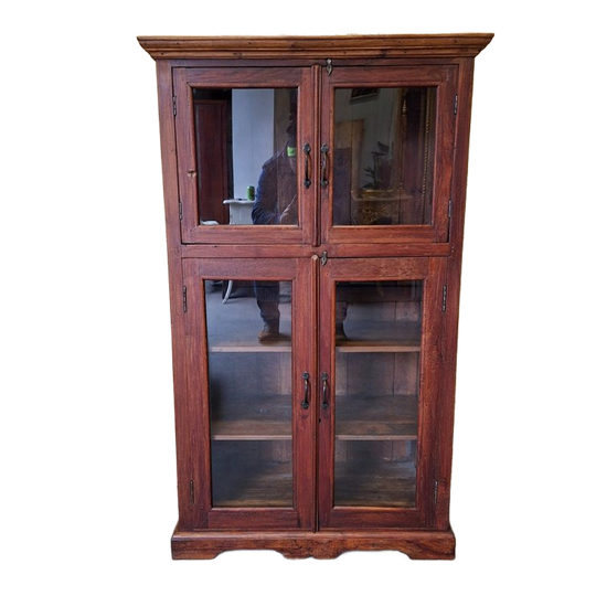 Antieke Teakhouten Vitrinekast, Servieskast, Wandmeubel Afm.82x39cm En 137cm Hoog. 1