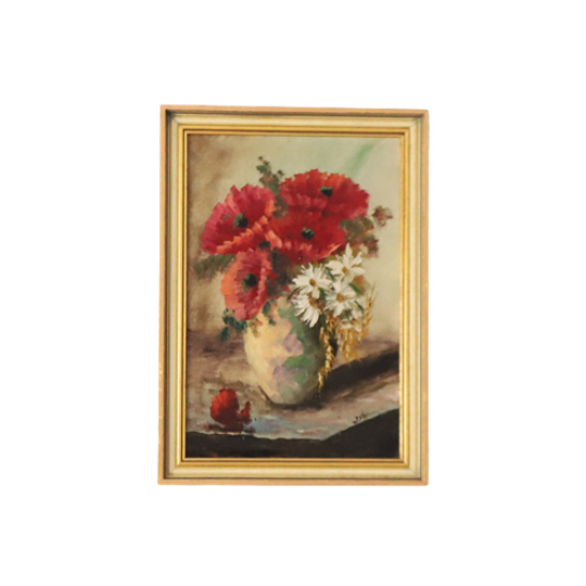 Vintage Schilderij Vaas Met Bloemen Klaprozen Olieverf Op Linnen, J. Vos 1
