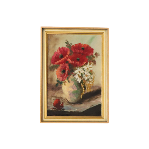 Vintage Schilderij Vaas Met Bloemen Klaprozen Olieverf Op Linnen, J. Vos