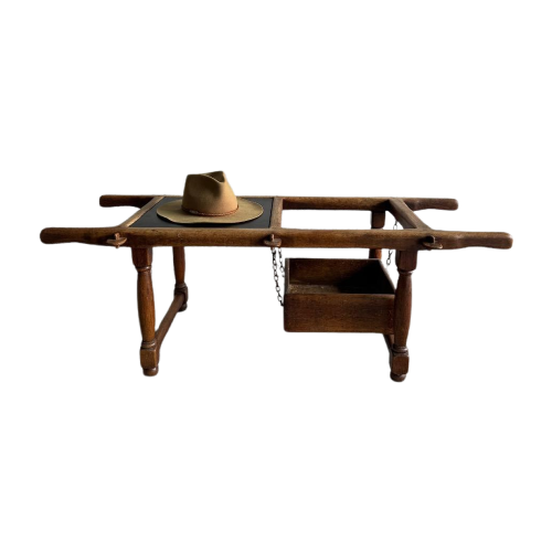 Brutlistic Oak Stone Coffeetable With Ironchains