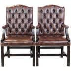 Set Van 2 Mooie En Statige, Luxe Donkerbruine Engelse Rundleren Chesterfield Eetkamer/Bijzetstoelen thumbnail 1