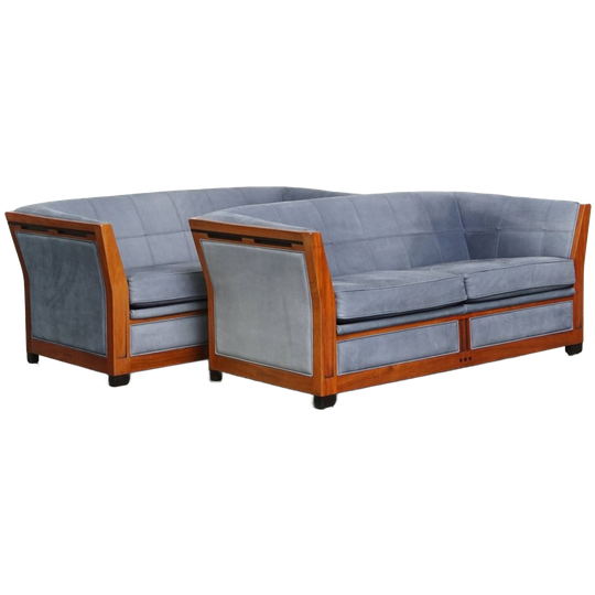 Geweldige Set Van 2 Schuitema Art Deco Design Banken Met Mooie Blauwe Nubuck Lederen Bekleding 1