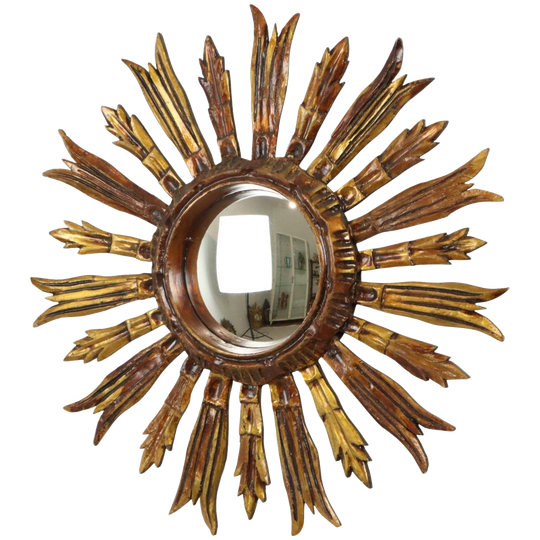 Vintage Houten Zonnespiegel Sunburst Goud Fifties 52cm 1