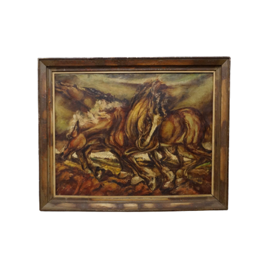 Zeer Groot En Indrukwekkend Schilderij Paarden, Olieverf 1