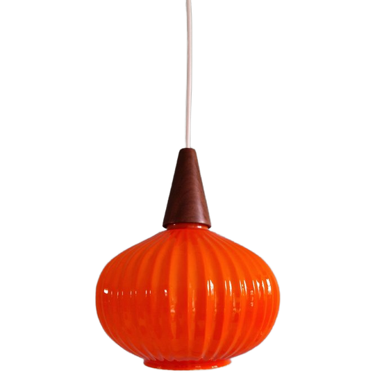 Ophanging In Oranje Opaline En Teakhout, Jaren 60 1