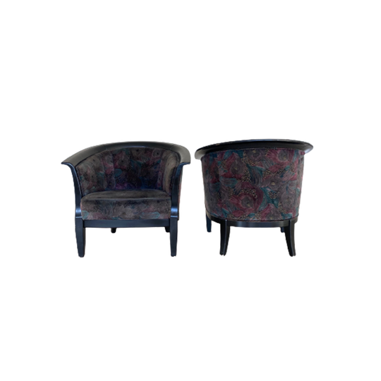 Vintage Fauteuils Zwart Hout Met Pauwenveren Bekleding (set) 1