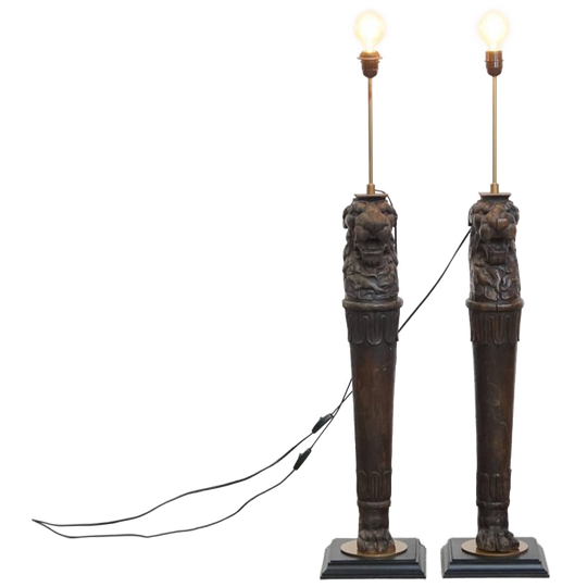 Set Van 2 Prachtige Unieke Handgesneden Antieke Houten Staande Lampen Met Leeuwenkoppen 1