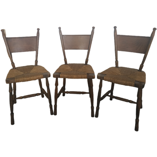 Brutalist Eetkamerstoelen Jaren 40-50 Met Rieten Zitting 1