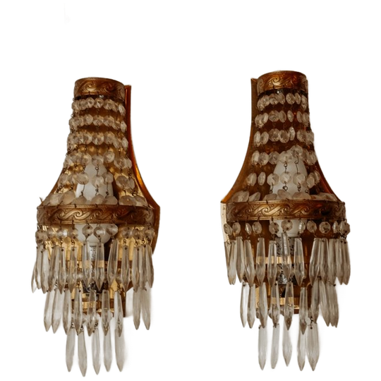 Set Van Twee Franse Antieke Montgolfier Kristallen Wandlampen 1