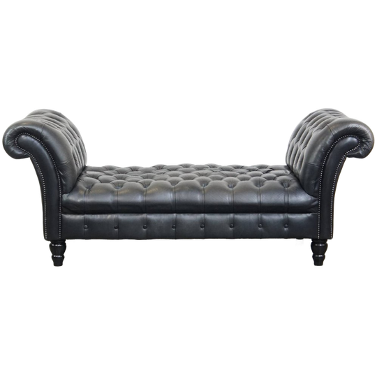 Groot, Sierlijk Zwart Chesterfield Daybed Gemaakt Van Rundleer 1
