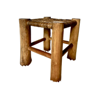 French Stool In Solid Elm And Rattan, 1950