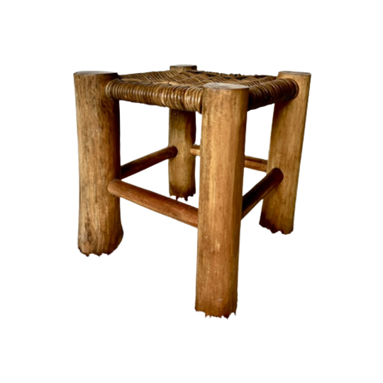 French Stool In Solid Elm And Rattan, 1950 1