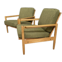 Set Of Arm Chairs In Green Fabric And Wood 1960s