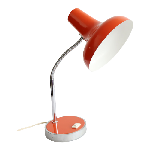 Vintage Oranje Bureaulamp Met Een Chromen Zwanenhals, Jaren '70