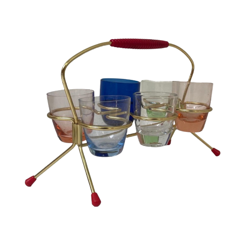 Ca. 1950’S - Germany - Set Of Shot (Schnapps) Glasses And Holder - Multi Colored