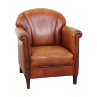 Luxe, Bijzondere En Cognac-Kleurige Rundleren Fauteuil/Armchair In Correcte Staat