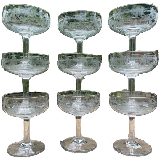 9x 19e Eeuwse Champagne Coupes Glazen Fijn Gegraveerd Frans 1