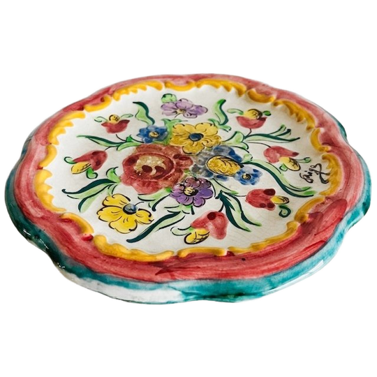 Vintage Mid-century Handgeschilderd Sierbordje Rigo Majolica Bloemen Plateau 1950’s 1