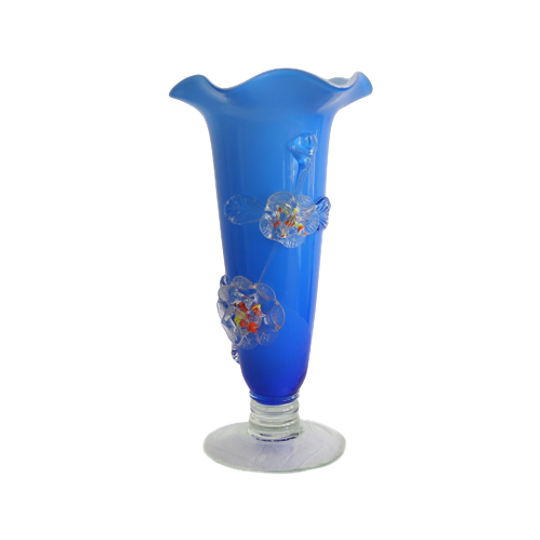 Vintage Murano Vaasje Blauw Met Bloemen, Venetie Italie '60 1