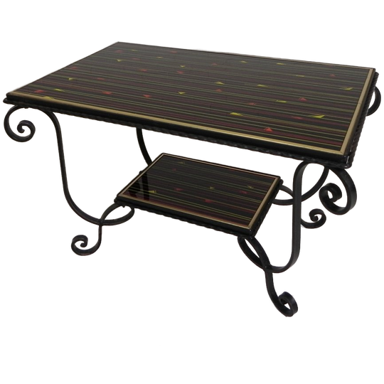 Vintage Salontafel Met 2 Glazen Bladen Met 50s Print 1