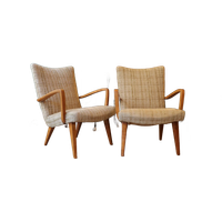 Paar Vintage Fauteuils Van Grenenhout En Beige Gemêleerde Stof