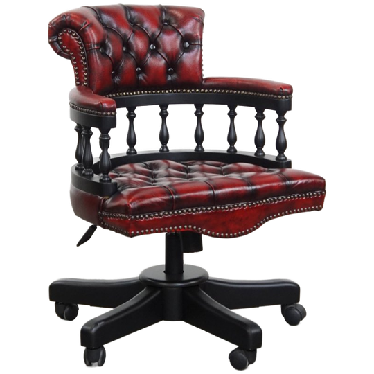 Luxe Rood/ Zwarte Klassieke Rundleren En Houten Chesterfield Bureaustoel/ Captains Chair 1