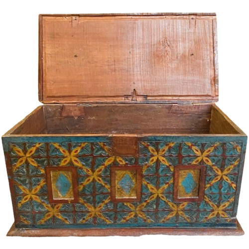 Antieke Oosterse Kist Bruidskist Handbeschilderd Houtsnijwerk