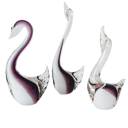 Vintage Glazen Zwanen Set Beeldjes Paars Glas Murano Stijl 1980’s 1