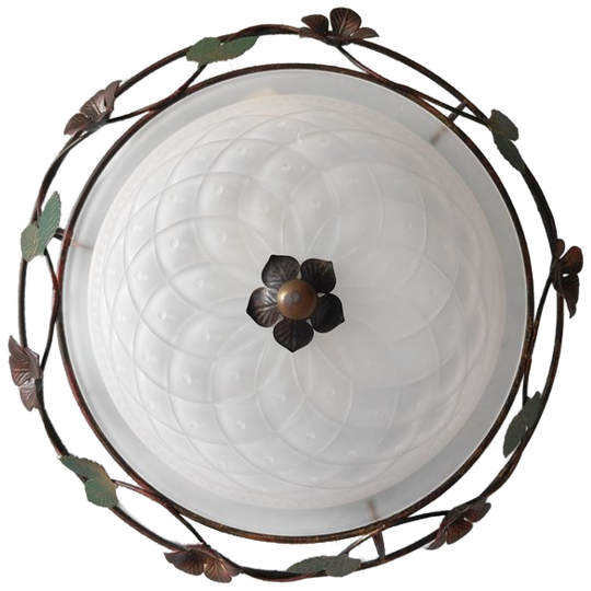 Prachtige Italiaanse Plafondlamp, Metalen Frame Versierd Met Bloemen En Bladeren 1