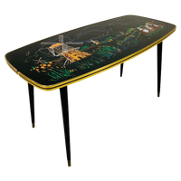 Vintage Salontafel Met Glazen Blad En Schuine, Taps Toelopende Poten. Jaren 50