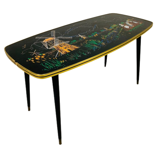 Vintage Salontafel Met Glazen Blad En Schuine, Taps Toelopende Poten. Jaren 50 1