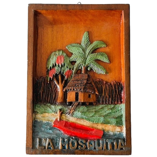 Vintage Massief Handgestoken Houten Schilderijtje La Mosquitia Houtsnijwerk 1