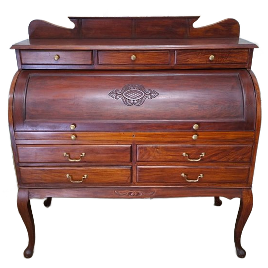 Klassiek Amerikaans Cilinderbureau, Schrijftafel, Desk, Secretaire Afm. 122x55cm En 77/125cm Hoog. 1