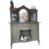 Vintage Buffetkast, Groene Kast Met Vitrine, Queen Ann Style