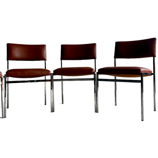 Set Of 5 Mid-century Chrome Dining Chairs In Cognac Leatherette 1