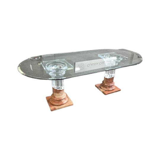Eettafel Van Fabianart Met 2 Dorische Zuilen Marmer & Acryl - Italië Jaren 80 1