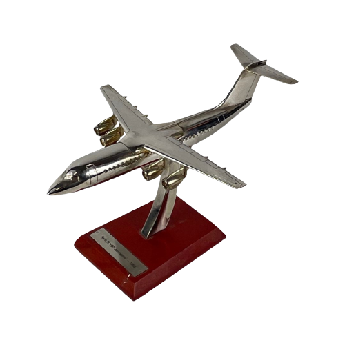 Scale Model Of An Airplane (Silver Plated) - Mounted On Wooden Base - Avro Rj100 Jumbolino (1992)