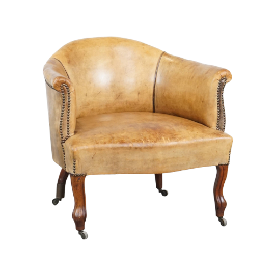 Unieke Charmante Subtiele Antieke Schapenleren Clubfauteuil/armchair Op Wieltjes 1