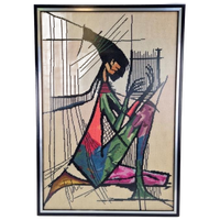 Vintage Harpspeelster Wanddecoratie Borduurwerk Wall Art '70