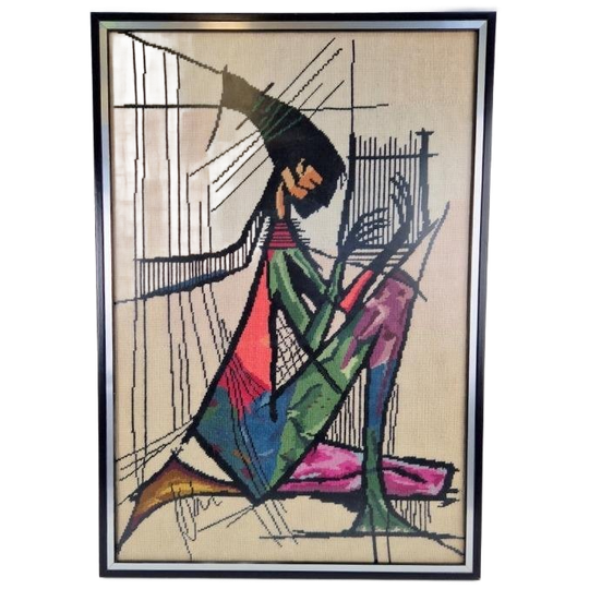 Vintage Harpspeelster Wanddecoratie Borduurwerk Wall Art '70 1