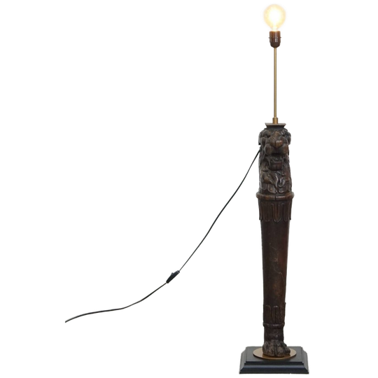 Prachtige Handgesneden Antieke Houten Staande Lamp Met Leeuwenkop 1