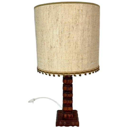Vintage Tafellamp - Houtsnijwerk - Jute Kap Boho Brutalisme 1