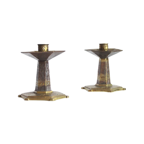 Hexagonal Art Deco Brass Candle Sticks, 1920S